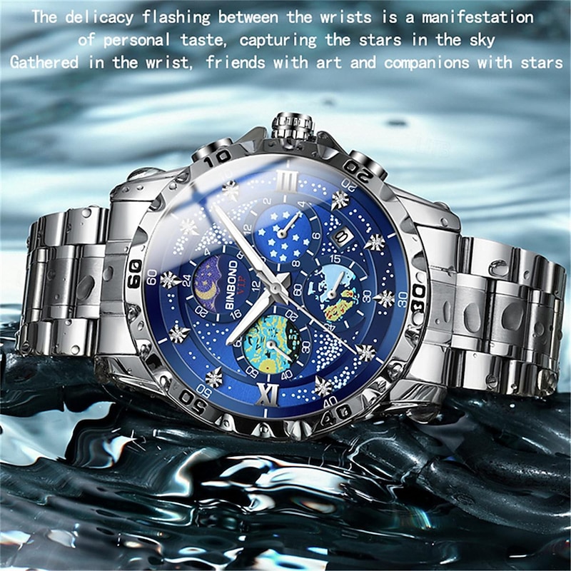 BINBOND Men Quartz Watch Fashion Business Wristwatch Moon phase Luminous Calendar Waterproof Steel Watch2