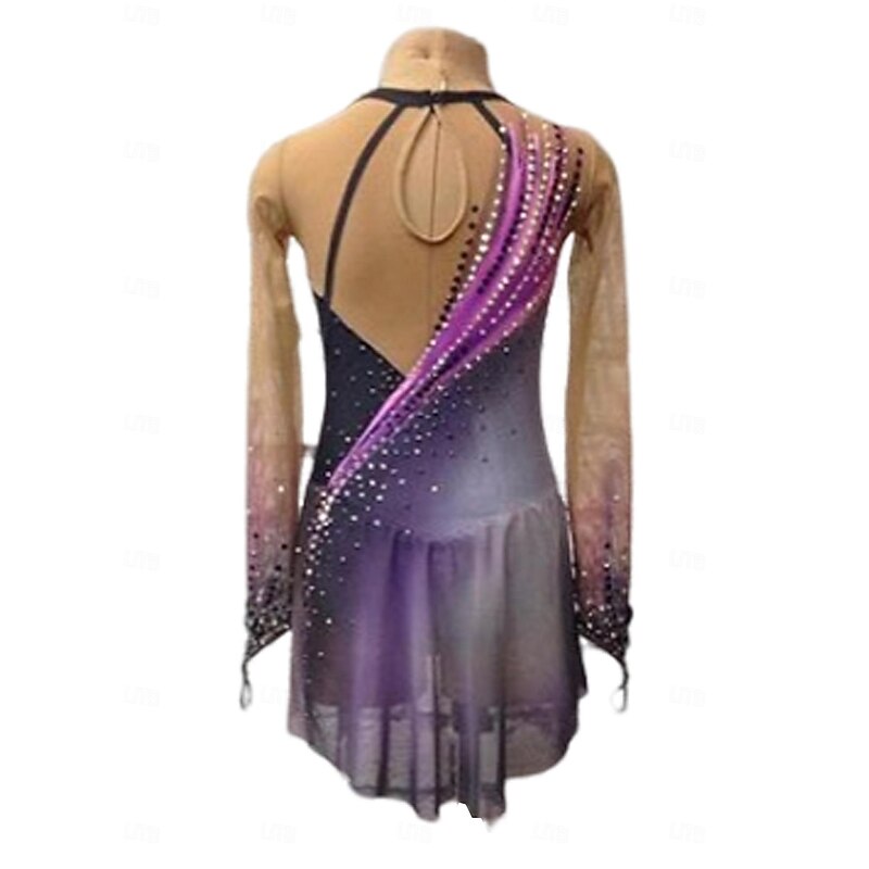 Figure Skating Dress Women's Girls' Ice Skating Dress Dusty Rose Patchwork Thumbhole Mesh Spandex Stretchy Training Practice Professional Skating Wear Crystal / Rhinestone Long Sleeve Ice Skating3
