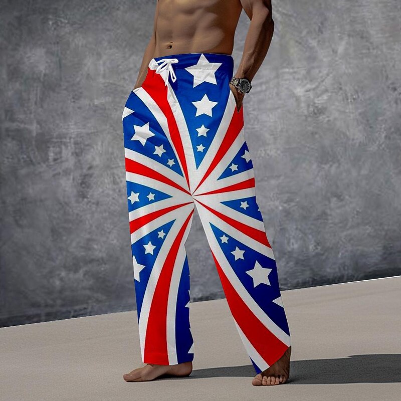 Men's Hawaiian Holiday Casual Flag American Flag Trousers Pants Trousers 3D Print Pocket Straight Leg Trousers Mid Waist Party Evening Dailywear Vacation Summer Spring Blue Relaxed Fit Inelastic2