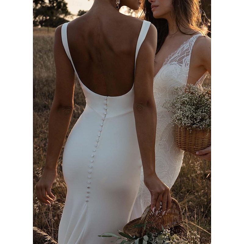 Wedding Dresses Beach Wedding Sheath Camisole Spaghetti Strap Court Train Satin Bridal Gowns With Beading Solid Color3