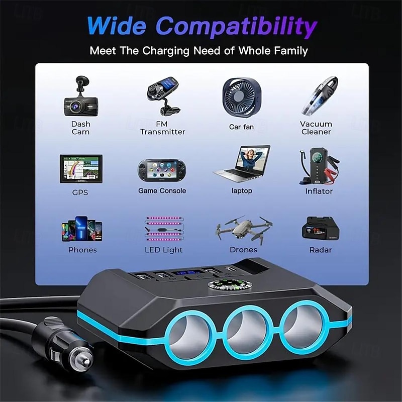 High-Power 120W 7-in-1 Car Charger with 3 Sockets and 4 USB Ports - Individual Switches LED Voltage Display for Efficient Multi-Device Charging4