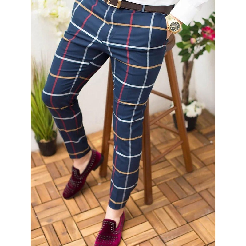 Men's Joggers Trousers Chinos Chino Pants Plaid Dress Pants Pocket Plaid Comfort Breathable Daily Holiday Going out Streetwear Stylish White & Blue Blue2