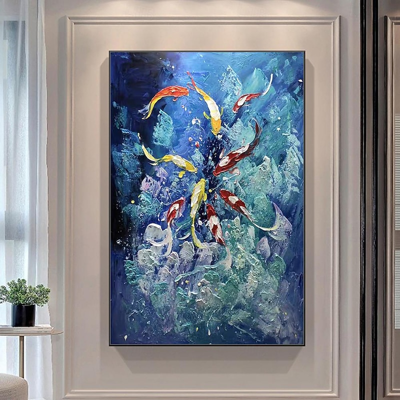 Mintura Handmade Koi Carp Oil Paintings On Canvas Wall Art Decoration Modern Abstract Fish Animals Picture For Home Decor Rolled Frameless Unstretched Painting2