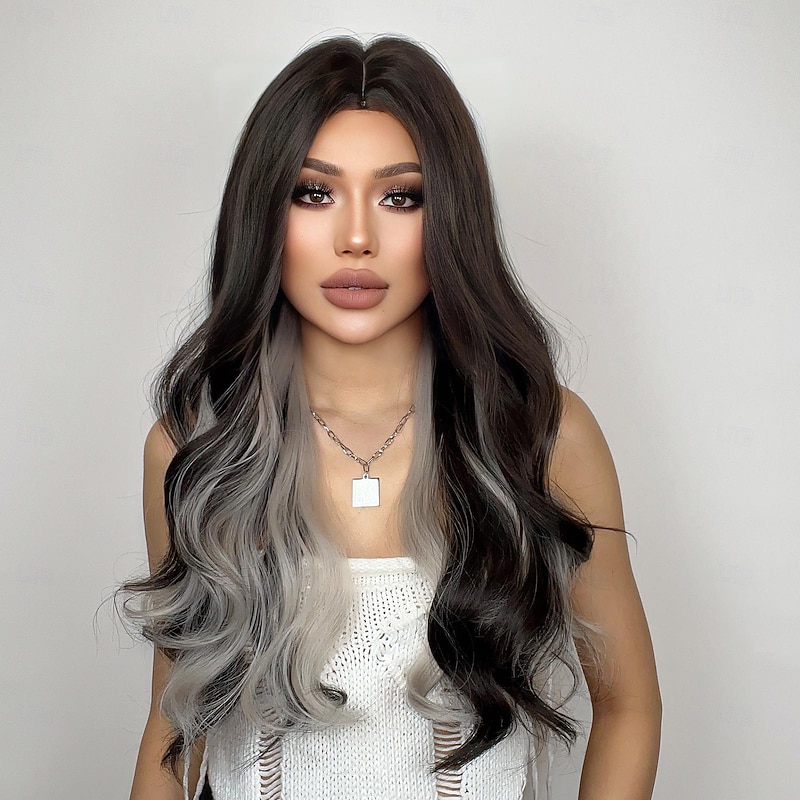 Synthetic Wig Uniforms Career Costumes Princess Curly Wavy Middle Part Layered Haircut Machine Made Wig 26 inch Dark Brown Synthetic Hair Women's Cosplay Party Fashion Multi-color2