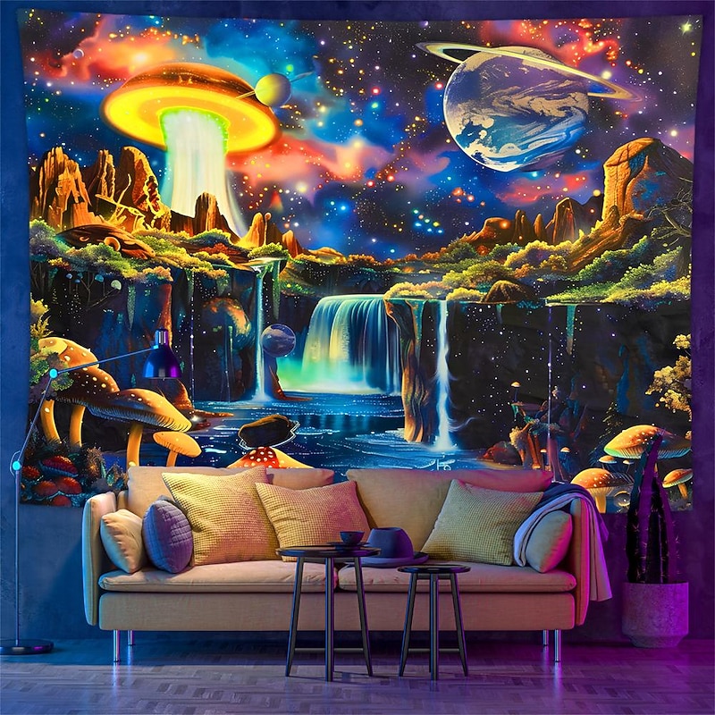 Blacklight Tapestry UV Reactive Glow in the Dark Glow Party Neon Galaxy Universe Mushrooms Psychedelic Trippy Misty Hanging Tapestry Wall Art Mural for Living3