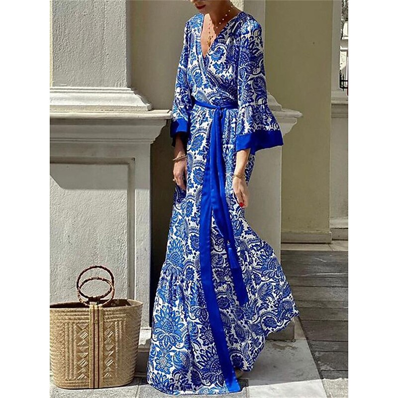 Women's Casual Dress Swing Dress Floral Print V Neck Long Dress Maxi Dress Hawaiian Casual Daily Vacation 3/4 Length Sleeve Summer