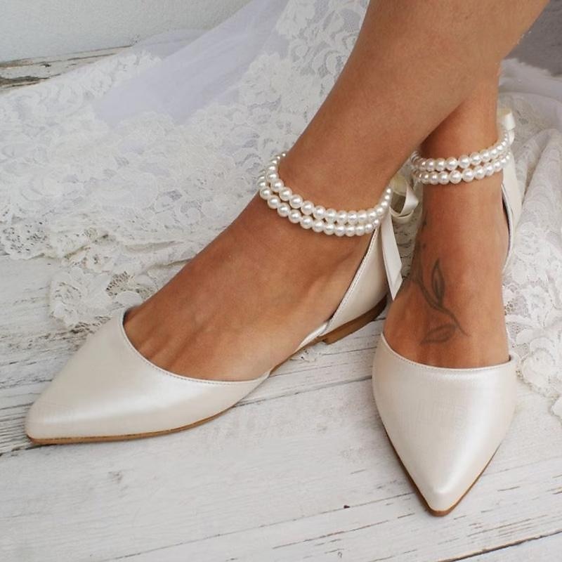 Women's White Pearl Ankle Strap Flats – Elegant Bridal Shoes for Weddings and Special Occasions2