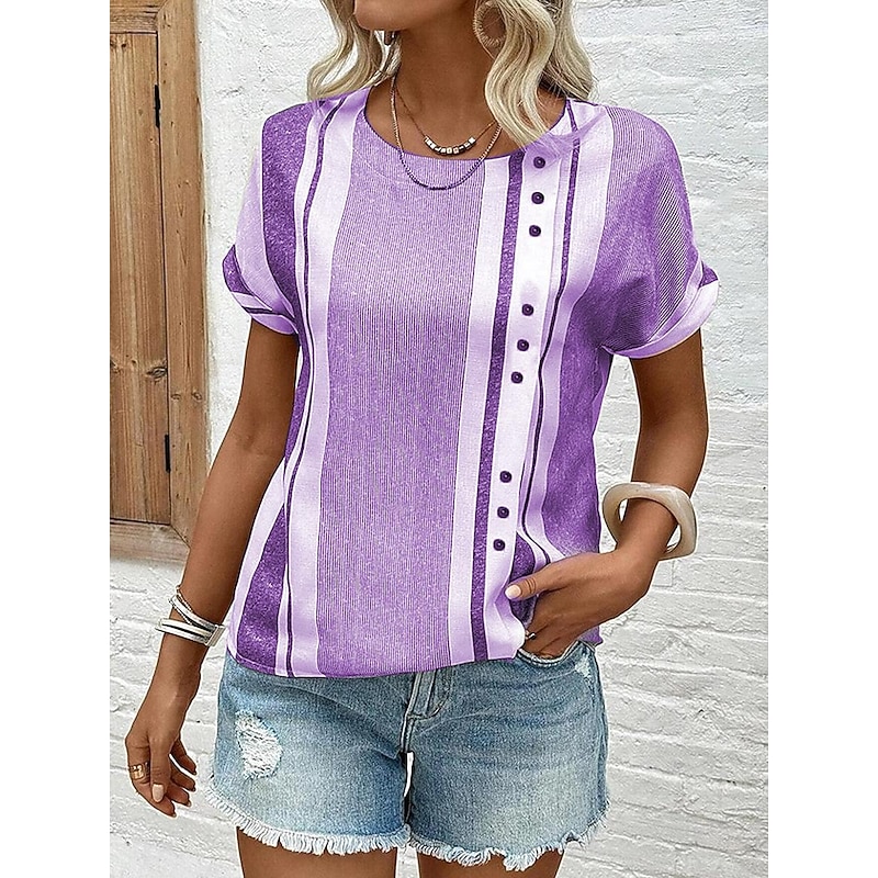Women's Blouse Chic Striped Pattern with Button Embellishments V-neck Short Sleeve Summer Spring Casual Daily Linen Like Wear Versatile Fit Gray Black Off-white4