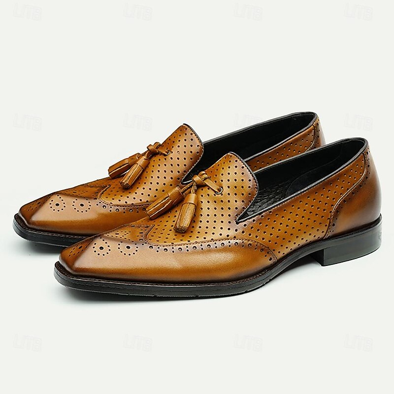 Men's Premium Cowhide Leather Tassel Loafers – Perforated Vintage Dress Shoes for Formal Occasions2