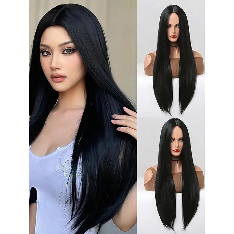 Synthetic Wig Straight Middle Part Wig 28 inch Black Synthetic Hair Women's Black
