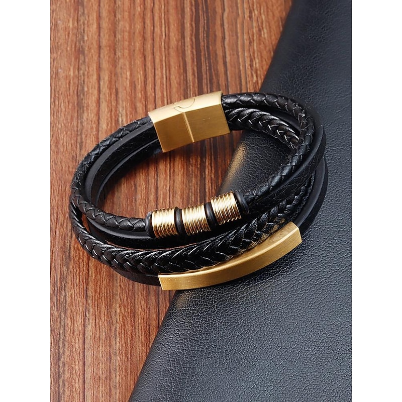 Men's Braided Leather Bracelet with Gold Accents – Modern and Stylish Design
