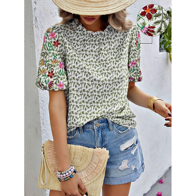 Women's Shirt Blouse Casual Floral Print Short Sleeve Regular Tops Crew Neck Daily Black Pink Blue Green Summer2