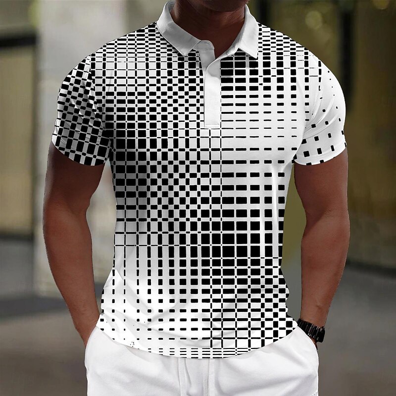 Men's Geometric Polo Shirts Golf Shirt Short Sleeve Polo Shirts Collared Shirts Business Casual WorkWear Formal Wear Festival Wear Buttons 3D Print Summer Black White