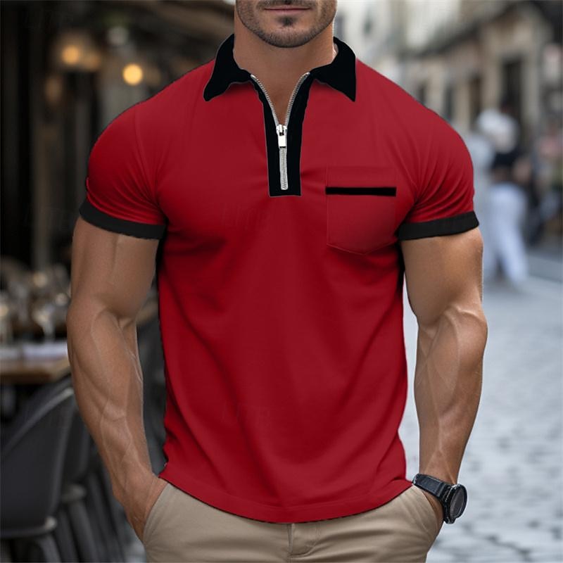 Men's Quarter Zip Polo Golf Shirt Daily Holiday Turndown Short Sleeve Fashion Basic Patchwork Pocket Spring & Summer Regular Fit Light Blue White Red Green Quarter Zip Polo3