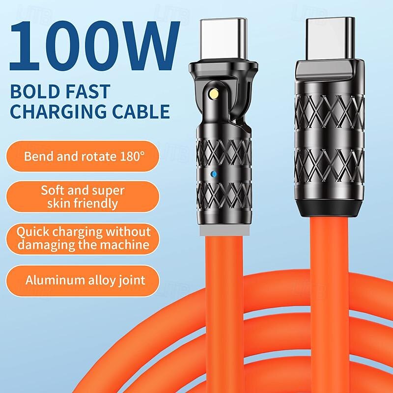 180 Degree Rotating Data Cable 100W Super Fast Charge for Apple Android Huawei Thick Passenger Charging Cable