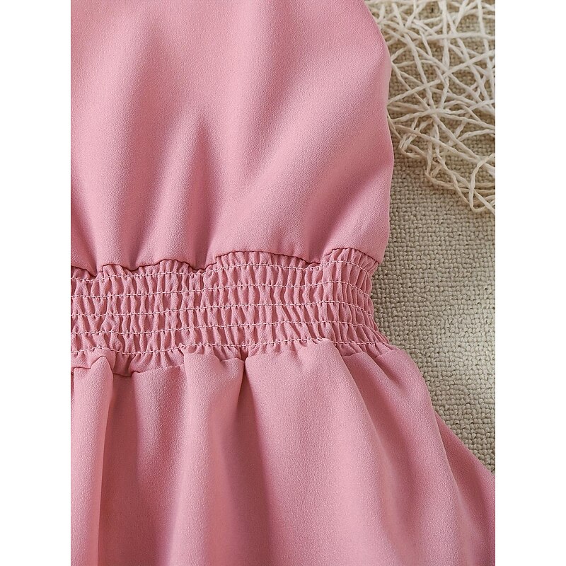 Girls Shirred Waist Ruffle Trim Cami Dress For Party Beach Vacation Kids Summer Clothes4