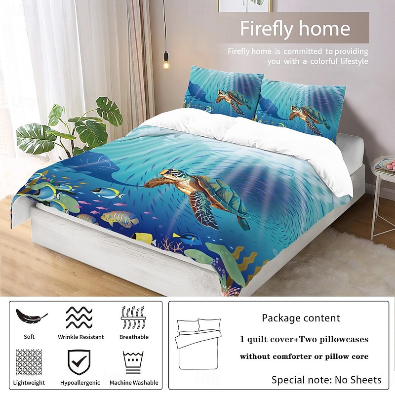 Underwater World Marine Creatures Sea Turtles Dolphins Octopus 3D printed 3pcs Down Duvet Cover Set for Hotels Bedrooms Guest Rooms and Luxury Bedding Comfy Set3