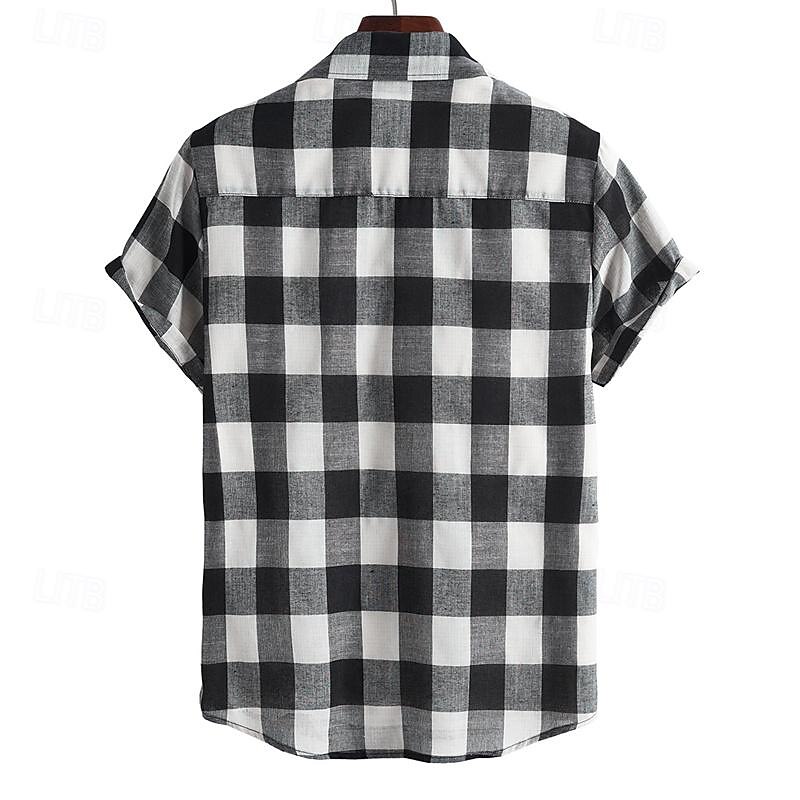Men's Shirt Summer Shirt Casual Shirt Beach Shirt Button Up Shirt Checked Shirts Black Short Sleeve Plaid Turndown Vacation Hawaiian Clothing Apparel Polyester Fashion Casual Comfortable3