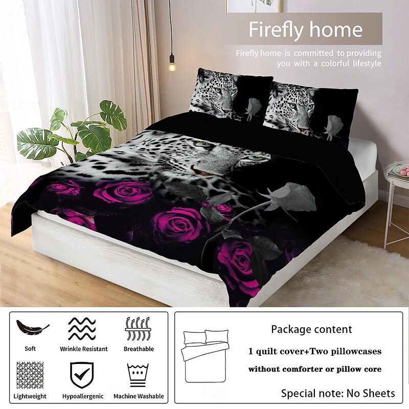 100% Cotton Cheetah Pattern 3-Piece Duvet Cover Set 3D Printed Quilt Queen Size Bedding Set Hunting Animal Quilt Cover Suitable for Kids Boys Men's Room Decor Super Soft Breathable Bed Set 3 Piece Set Lightweight3