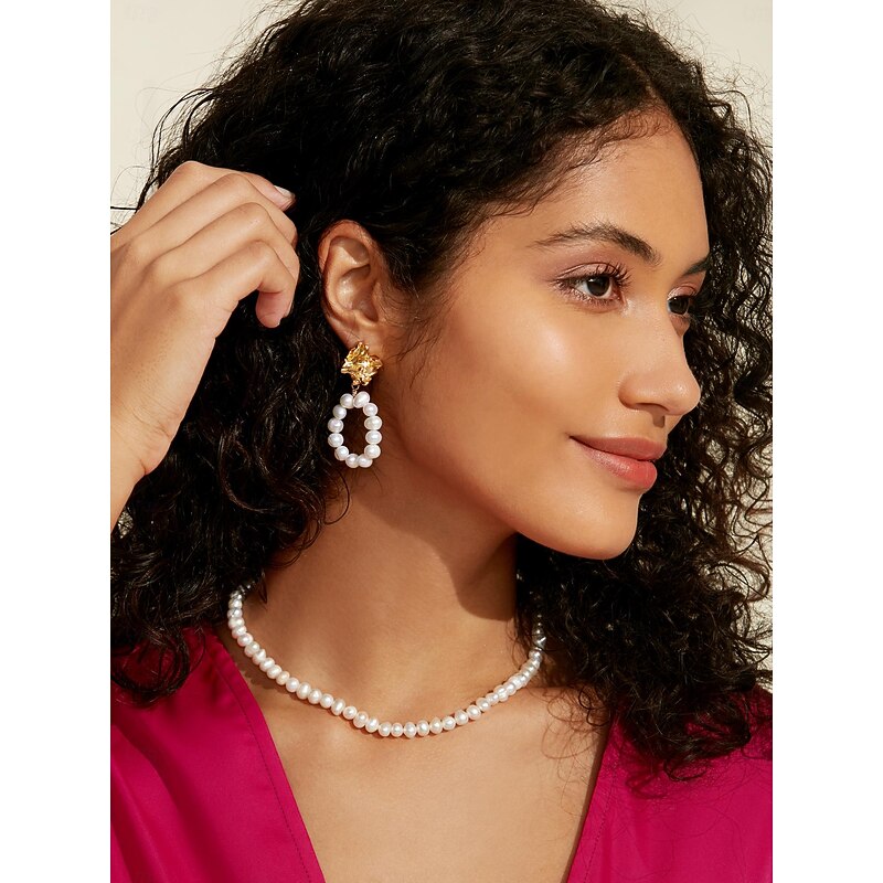 Women's Drop Earrings Gold Brass Pearl Elegant Active