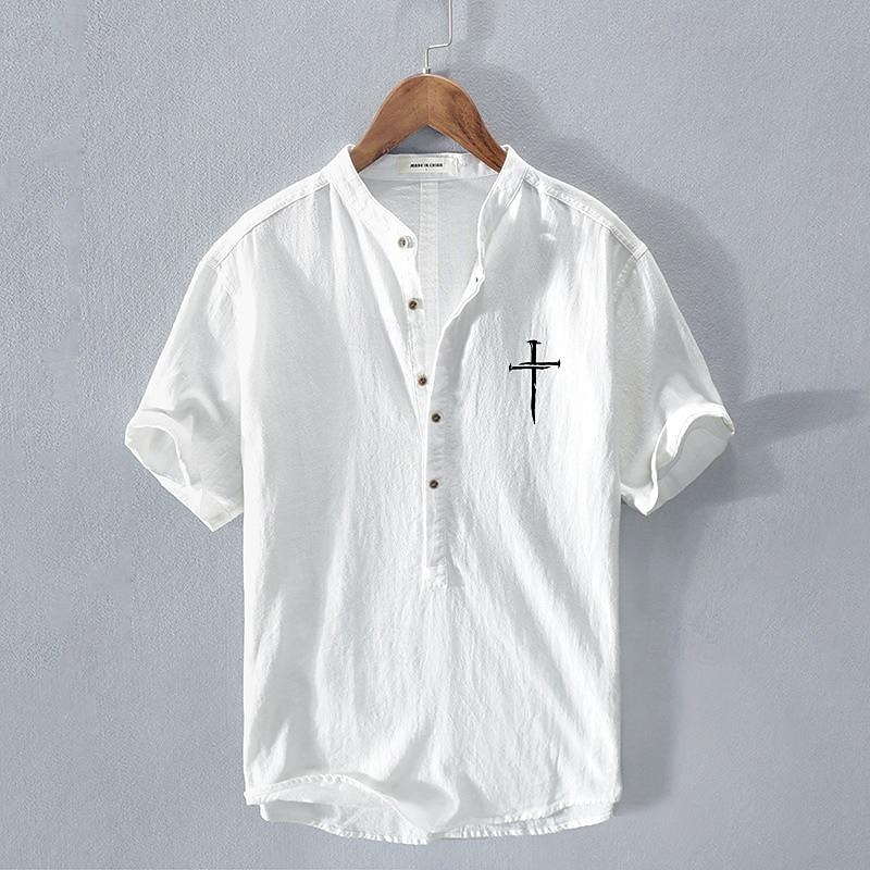 Men's Shirt Linen Shirt Chinese Collar Shirt Mandarin Collar Shirt Popover Shirt Casual Shirt Faith Vacation Street Navy Blue Gray Light Blue Short Sleeve Band Collar Summer Clothing Apparel