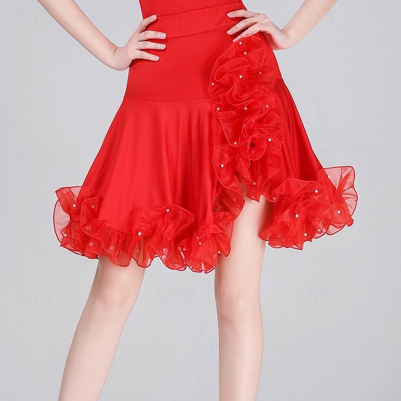 Latin Dance Ballroom Dance Skirts Pure Color Ruffle Splicing Women's Performance Training High Polyester