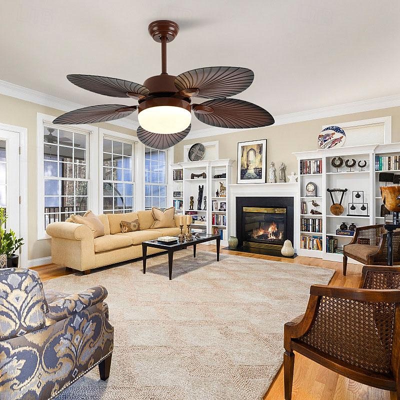 LED Ceiling Fans Palm Leaf Blades 1-Light 130cm Metal 3-Color-Light Nordic Style Bedroom Dining Room 110-240V