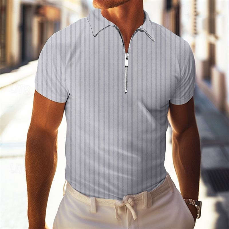 Men's Quarter Zip Polo Golf Shirt Daily Holiday Turndown Short Sleeve Fashion Basic Stripes Spring & Summer Regular Fit Red Khaki Light Sky Blue Gray Quarter Zip Polo4