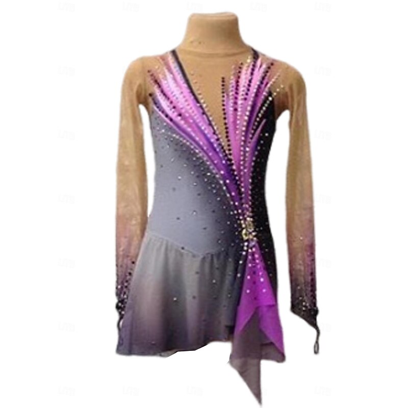 Figure Skating Dress Women's Girls' Ice Skating Dress Dusty Rose Patchwork Thumbhole Mesh Spandex Stretchy Training Practice Professional Skating Wear Crystal / Rhinestone Long Sleeve Ice Skating2