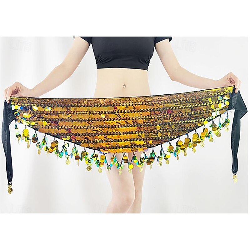 Belly Dance Belt Gold Coin Pure Color Splicing Women's Performance Training High Polyester Sequined4