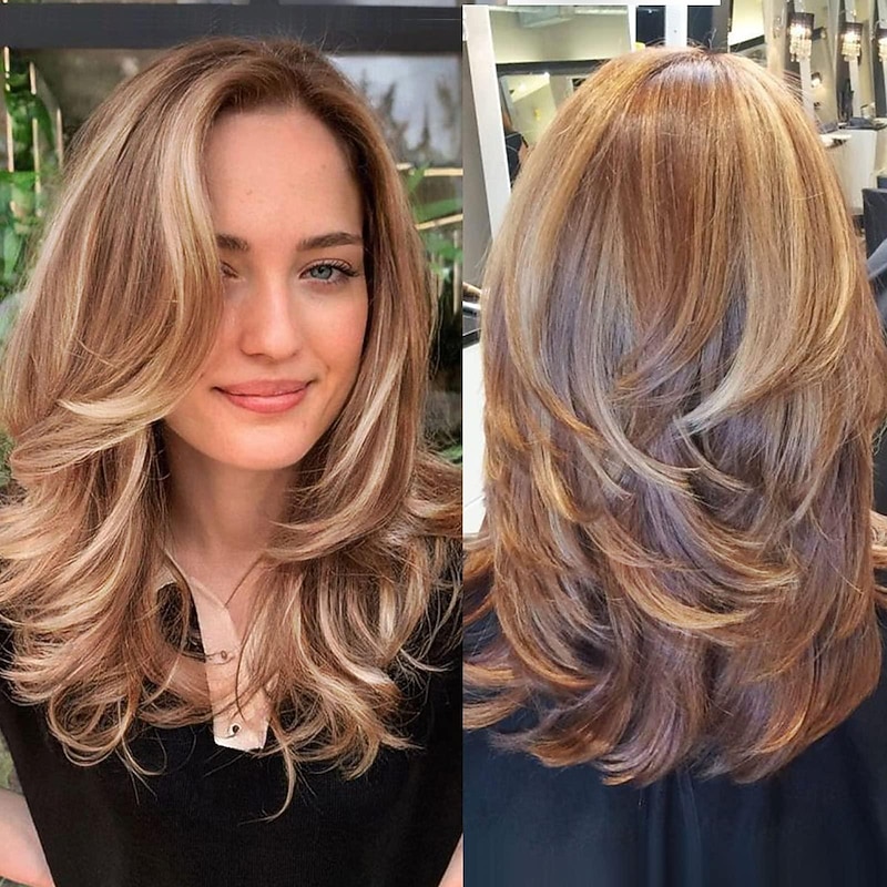 Long Layered Wig Blonde Layered Wigs 16Inch Natural Wave Hair Wig for Women Daily Party Use Fashion Hair Replacement Wigs Synthetic (16Inch, Brown Mixed Blonde#)