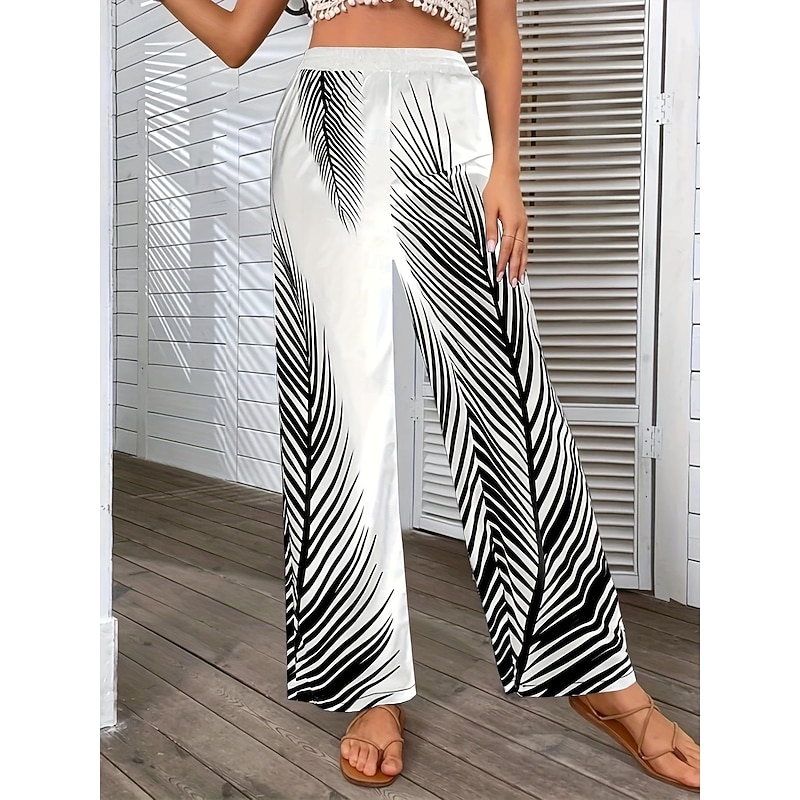 Women's Wide Leg Pants Trousers Casual Daily Long Leaf Wide Leg Print Breathability Comfortable Inelastic Going out Weekend Black White Khaki Spring & Summer Regular Fit