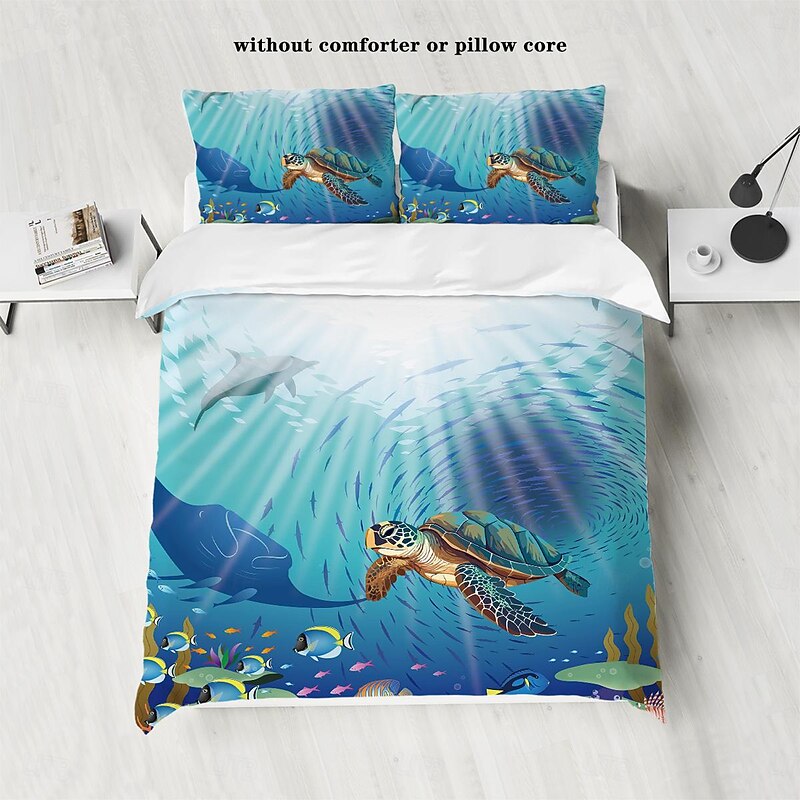 Underwater World Marine Creatures Sea Turtles Dolphins Octopus 3D printed 3pcs Down Duvet Cover Set for Hotels Bedrooms Guest Rooms and Luxury Bedding Comfy Set4