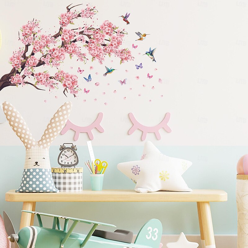 Pink Branch Birds Butterflies Wall Sticker Art Decals Removable Living Room Bedroom Study Home Background Decorative Stickers2