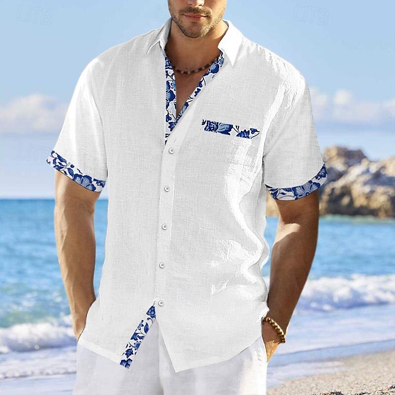 Men's Shirt Linen Shirt Summer Shirt Beach Wear Button Up Shirt Floral Vacation Curise White Pink Navy Blue Blue Short Sleeve Lapel Summer Clothing Apparel