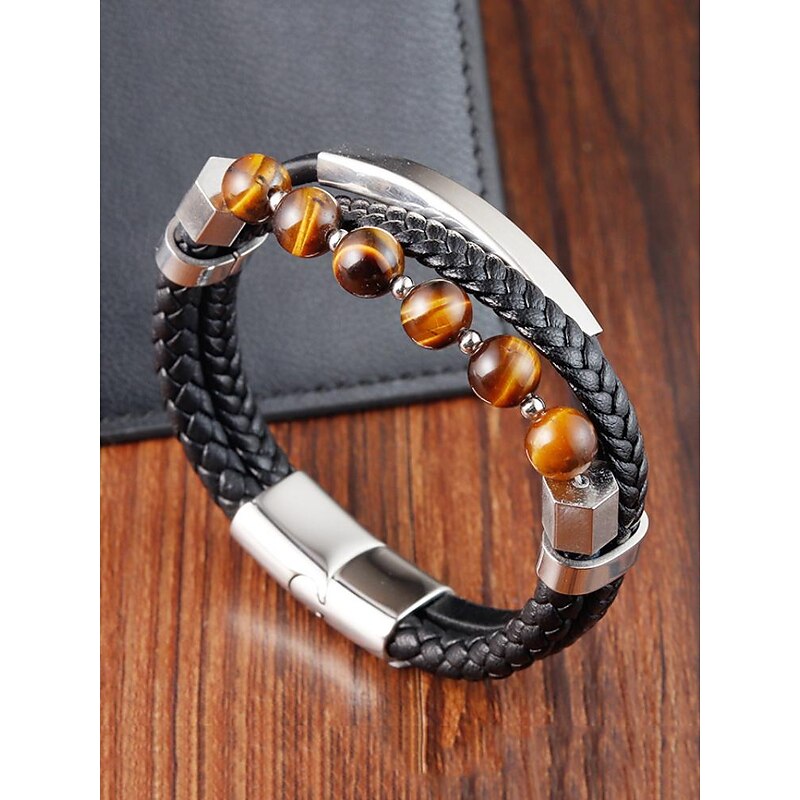 Men's Braided Leather Bracelet with Tiger Eye Beads and Stainless Steel Accents – Stylish Jewelry for Casual or Formal Occasions2