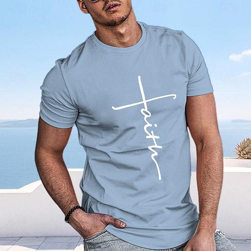Faith Graphic T-Shirt for Men, Light Blue Short Sleeve Casual Tee3