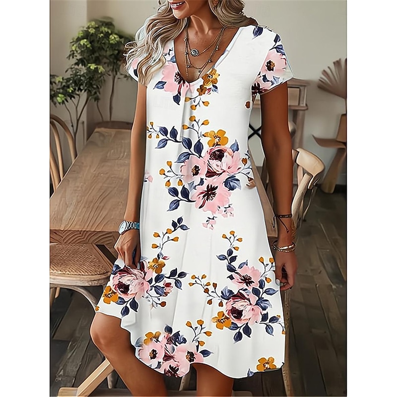 Women's Mini Dress Petite Dress Casual Dress Summer Dress Boho Dress Stylish Casual Vacation Daily Date Regular Fit Floral Short Sleeve V Neck Black White Royal Blue Green Summer3
