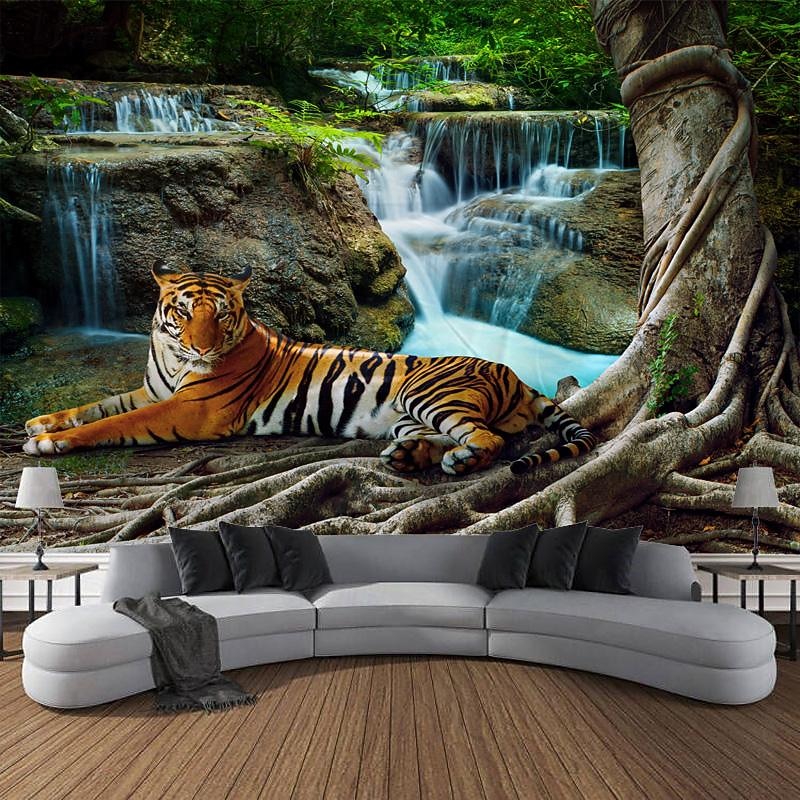Forest Tiger Landscape Hanging Tapestry Wall Art Large Tapestry Mural Decor Photograph Backdrop Blanket Curtain Home Bedroom Living Room Decoration
