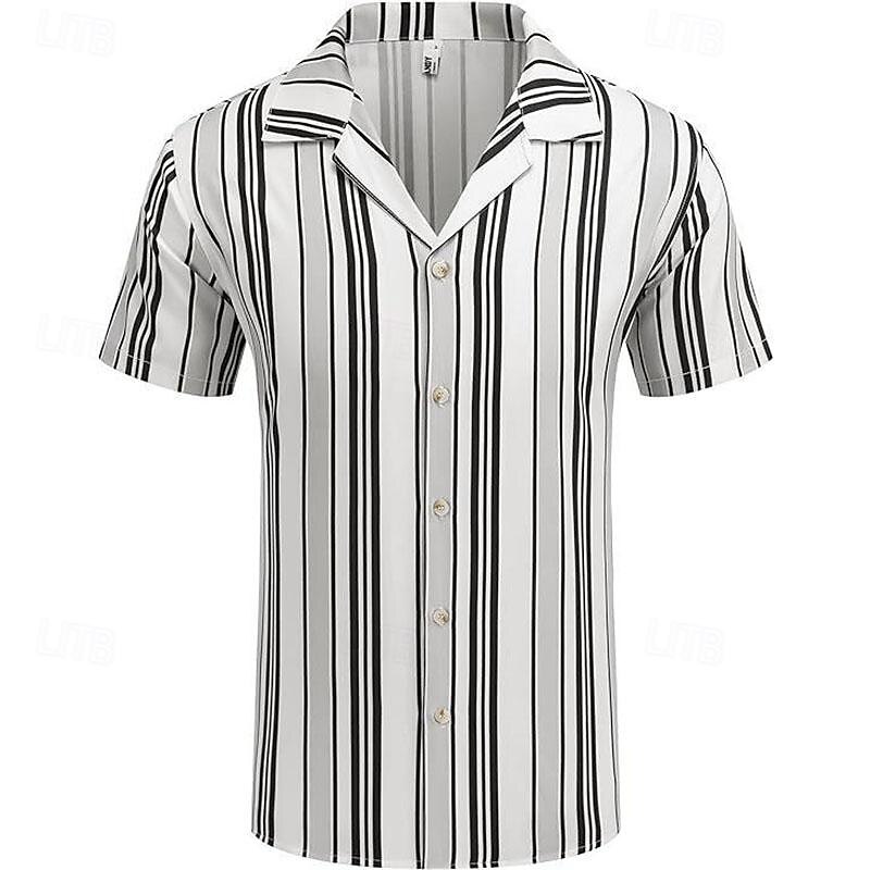 Men's Shirt Summer Shirt Casual Shirt Beach Shirt Button Up Shirt Light Grey Short Sleeve Stripes Camp Collar Vacation Hawaiian Clothing Apparel Polyester Fashion Casual Comfortable2
