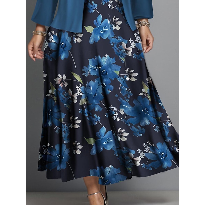 Women's Plus Size Midi Dress Dress Set Casual Dress Swing Dress Print Dress Fashion Streetwear Floral Print Long Sleeve Crew Neck Outdoor Vacation Burgundy Navy Blue Blue Fall Winter Regular Fit2