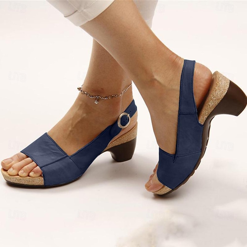 Women's Navy Blue Slingback Wedge Sandals with Open Toe and Buckle Strap - Comfortable Summer Shoes
