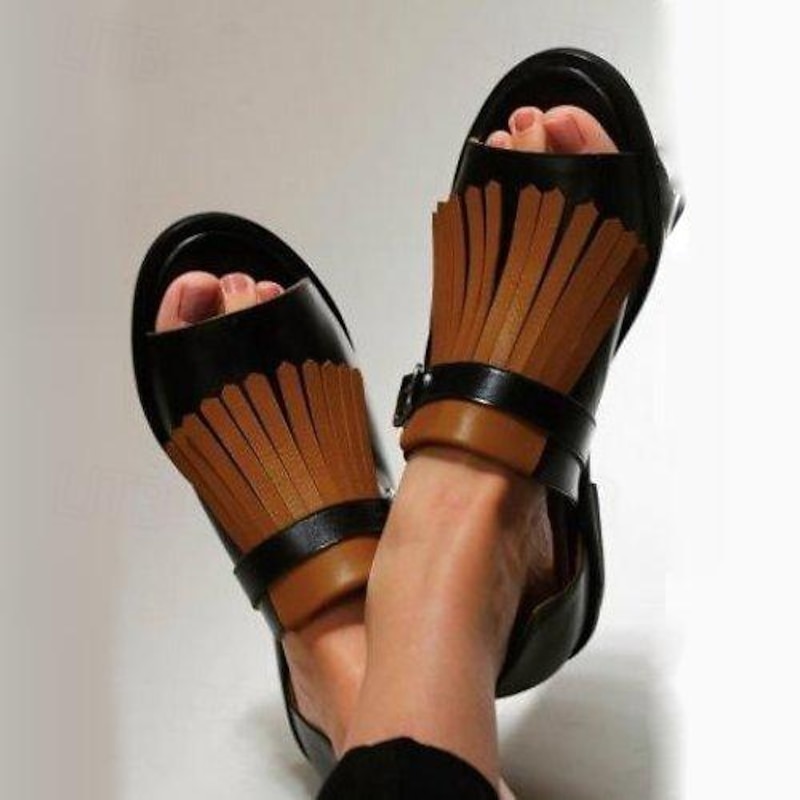 Women's Black and Beige Fringe Sandals – Open-Toe Faux Leather Flats with Adjustable Buckle for Casual and Summer Outfits3