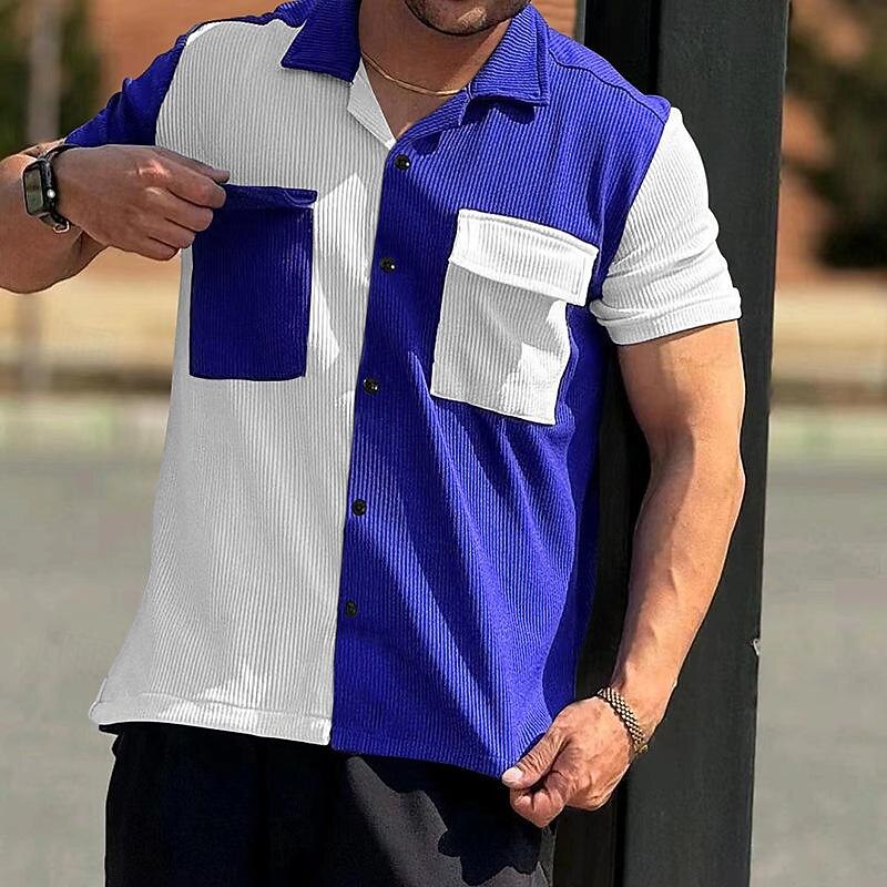 Men's Shirt Summer Shirt Casual Shirt Beach Shirt Button Up Shirt Black Blue khaki Short Sleeve Color Block Camp Collar Vacation Hawaiian Patchwork Clothing Apparel Polyester Fashion Casual2