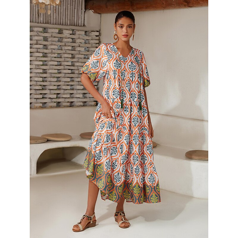 Satin Rainbow Totem Print Swing Maxi Dress