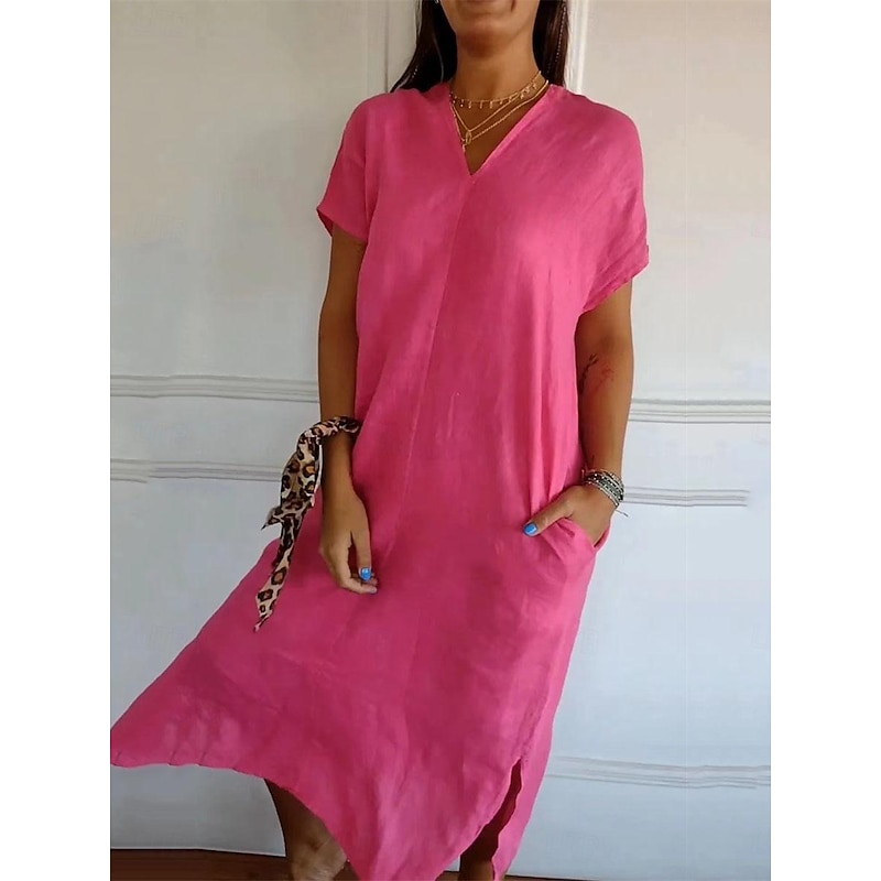Women's Black Red Green Summer Spring Midi Dress Linen-Inspired Dresses Casual Dress Basic Modern Casual Daily Weekend Loose Fit Plain V Neck