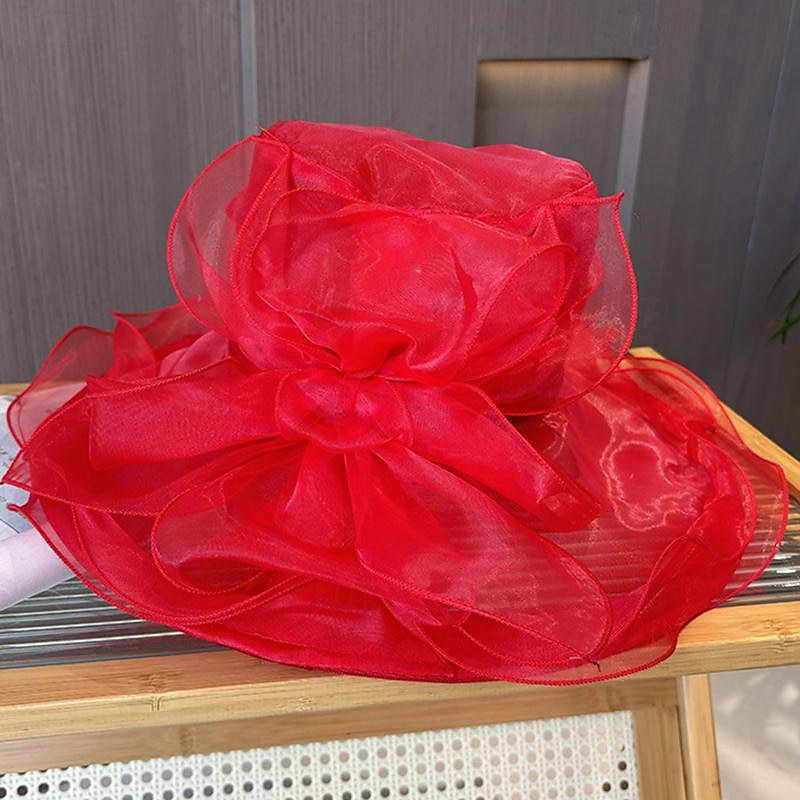 Fascinators Hats Headwear Organza Bucket Hat Floppy Hat Sun Hat Casual Holiday Elegant Vintage With Flower Pure Color Headpiece Headwear2