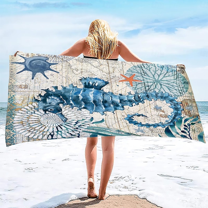 Beach Towel Quick-Drying Vintage Seahorse Sea Turtle Soft Microfiber Sand Pool Bath Outdoor Travel Towel Camping Swimming Yoga Sports Girls Women Men Adults