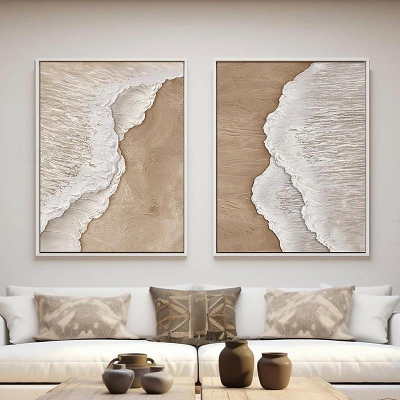 Handmade 3D Beige Minimalist Beach Painting Ocean Wave Painting on Canvas Ocean Abstract Art Textured Wall Art Wall Art Living Room Art Framed Ready To Hang
