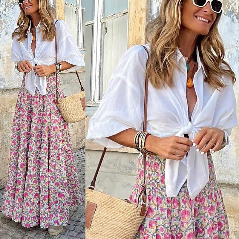 Women's Shirt Linen-Inspired Shirts Button Up Blouse Plain Casual Half Sleeve Shirt Collar Regular Tops Daily Lace up White Summer2